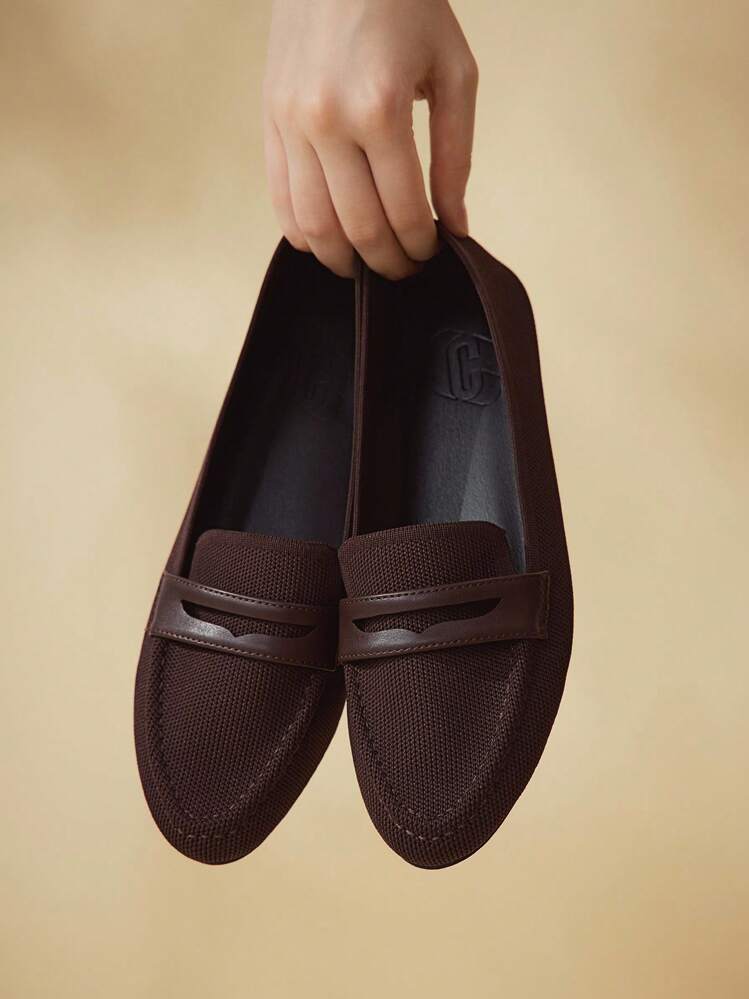CUCCOO BASICS Women's Round Toe Flat Coffee Color Knit Material Loafers, Suitable For Commuting, Date, Party, Shopping, Office For Christmas - Coffee Brown - View 1