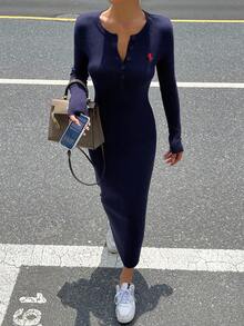 DAZY 美式优雅简约风格高端修身刺绣针织连衣裙，秋季女装女式毛衣裙 - 藏蓝色 - 查看 7