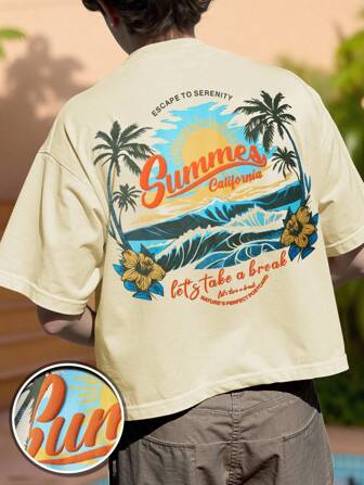 Manfinity Chillmode Camiseta de manga corta de cuello redondo, suelta y casual con estampado de playa para hombre, verano