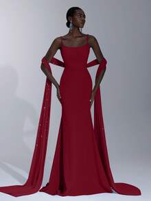 Elitara 优雅、浪漫、端庄、蓝色、针织弹力面料、欧根纱拼布、露肩、低胸领口、灯笼袖、收腰、褶皱、拖尾、鱼尾下摆、飘逸后背，适合节日、生日派对、约会、度假、婚礼、联欢晚会、正式晚宴 - 酒紅色 - 查看 5