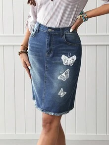 EMERY ROSE Women's Butterfly Printed Fringe Denim Skirt, Summer - Medium Wash - View 4