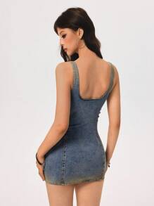 SHEIN ICON Women's Sexy Fitted Retro American Style Denim Camisole Dress - Light Wash - View 2