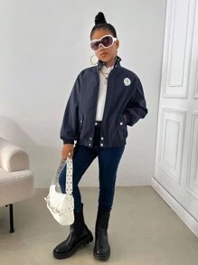 SHEIN Tween Mädchen Mode Muster locker stehender Kragen Reißverschluss Langarm Thermofutter Jacke mit Taschen, Herbst/Winter Oberbekleidung, lässiger Alltags-Tragekomfort