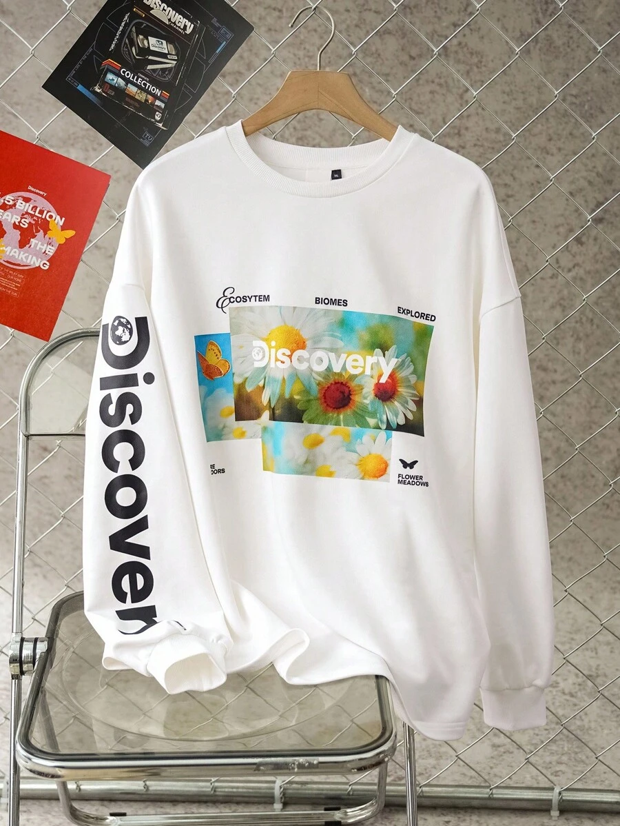 Discovery X SHEIN Plus Size Letter & Floral Pattern White Crew Neck Long Sleeve Sweatshirt Graphic Sweatshirts Women Sweatshirts Long Sleeve Graphic Tshirt Discovery Sweatshirt Daisy Graphic Sweatshirt All White Sweatshirt Fall Women Clothes Outdoor Clothings Winter Clothes Fall Outfits Autumn