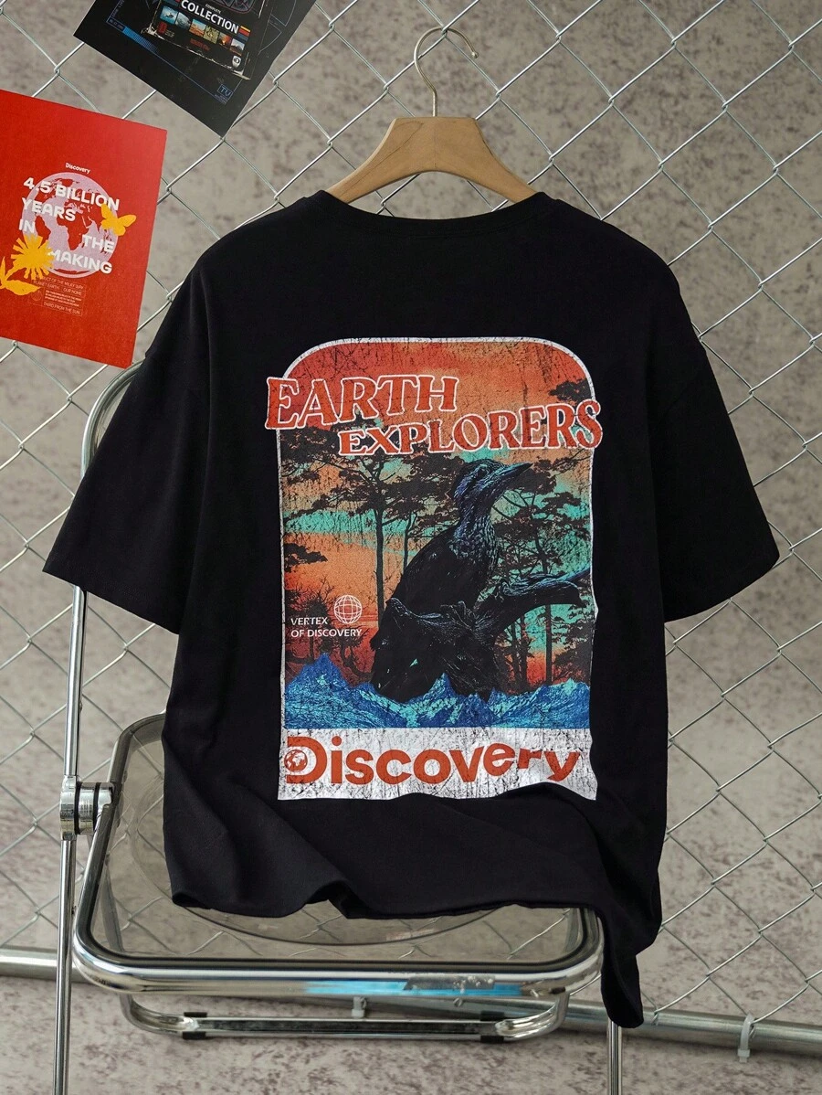 Discovery X SHEIN 女式休闲时尚街头风格美国动物与字母图案宽松 T 恤，夏季 - 黑色 - 查看 1