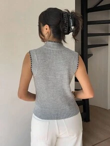 SHEIN Frenchy 2025 Grey Autumn Paris Brunch Knit Vest Women,Elegant Tie Collar Button Sweater Vest,Black Trim Formal Casual Office Work Sleeveless Top,Winter Chic - Grey - View 5
