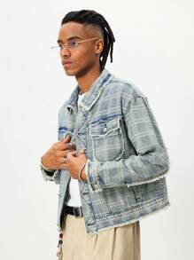 ROMWE MEN Prep 男士休闲通勤牛仔领夹克 - 藍色 - 查看 4