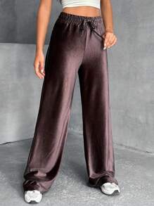 EURMUSE Women, Autunm, Brown, Velvet, Wide Leg, Loose Fit, Drawstring, Comfortable, Premium Quality Fabric - Brown - View 4