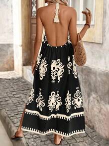 Brillora Vestido de verano casual con escote halter, flecos y abertura alta en la espalda