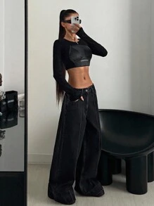 CasuGlow WOMAN SLANT POCKET LOW WAIST WIDE LEG CASUAL JEANS - Black - View 4