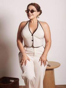 Lupita Cardoza Women's Sexy Contrast Color Trim Backless Halter Neck Top And Long Pants 2 Pieces Set - Apricot - View 5