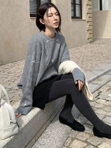 DAZY Suéter de cuello redondo de manga larga con nudo de lazo de punto trenzado de unicolor, informal, para primavera/otoño - Gris - Ver 10