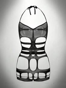 SHEIN Mono sexy de mujer con escote halter y calado, para salir - Negro - Ver 1