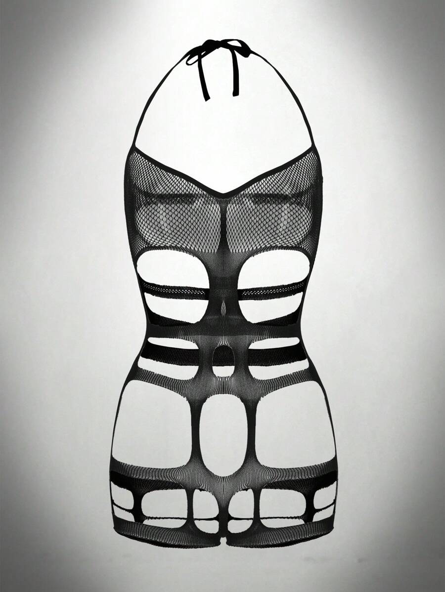 SHEIN Mono sexy de mujer con escote halter y calado, para salir - Negro - Ver 1