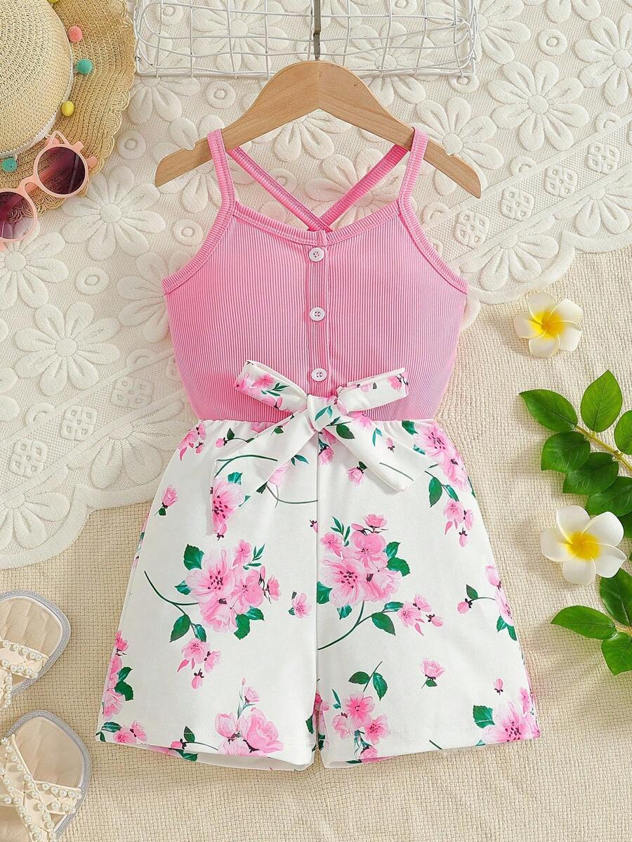 SHEIN Young Girl Floral Print Spaghetti Strap Romper - Pink - View 1