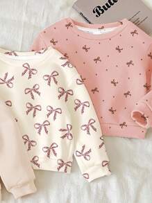 SHEIN Happikins 三件套女童奶油白、米色、粉色复古豹纹蝴蝶结迷你波点蝴蝶结图案休闲舒适柔软圆领套头卫衣，适合秋冬季节穿着，舒适百搭，适合宝宝和女孩秋季叠穿，时尚休闲，适合宝宝和女孩，秋季服装，返校季，适合居家、学校、外出、街拍等场合 - 彩色 - 查看 5