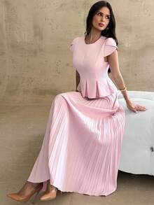Firerie Bộ đồ nữ màu trơn cổ tròn tay ngắn xếp ly và chân váy xếp ly thanh lịch 2 món - Bụi hồng - Xem 6