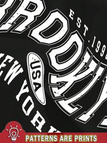 SHEIN ModeFlare Wear 纽约布鲁克林印花连帽衫，适合少女，休闲宽松厚款运动衫，适合秋冬季 - 黑色 - 查看 5