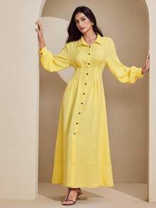 Graceveil 女式黄色腰部收紧撞色条纹设计长袖超长端庄连衣裙 - 黃色 - 查看 4