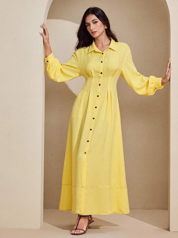 Graceveil 女式黄色腰部收紧撞色条纹设计长袖超长端庄连衣裙 - 黃色 - 查看 4