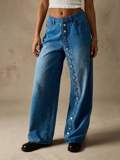 MISSGUIDED Wide Leg Button Detail High Rise Jeans Vintage Y2K Style Boho Street Style Fall Winter Slouchy Baggy Jeans