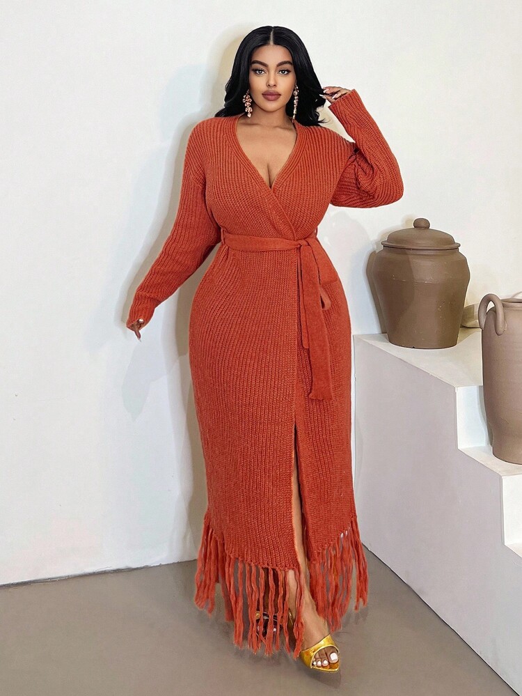 Maweii Áo khoác cardigan buộc eo màu trơn thường ngày cỡ lớn - trái cam - Xem 1