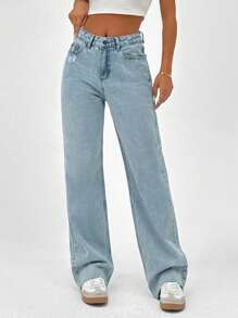 SHEIN Cottnline 100%Cotton HIGH RISE STRAIGHT CUT RIPPED SNOW WASH WOMEN LIGHT BLUE JEAN - Light Wash - View 3