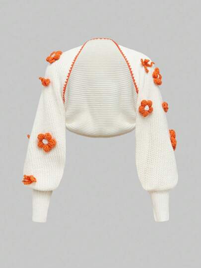 Kawaii Cute 3D Flower Bow Contrast Color Bat Lantern Sleeve Women Knitted Cardigan