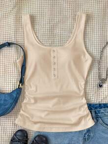 SHEIN Teen Girl's Basic Polka Dot Ribbed Casual All-Match Tank Top With Metal Buttons,Built In Bra,Racerback,Summer,Beige,Casual,Graduation - Apricot - View 7