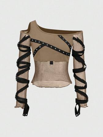 Grunge Punk Camiseta de mujer con hombros recortados, remaches y malla de estilo punk, para festivales de música, verano