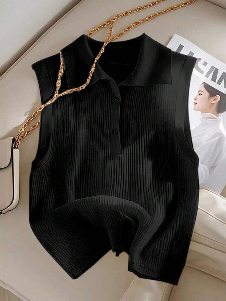 Everyssa 女士休闲纯色背心，夏季百搭 - 黑色 - 查看 1