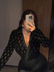 NU&NOW Plus Size Sexy Sheer Mesh Patchwork Turtleneck Long Sleeve Bodysuit, Suitable For Dates, Parties Fall Cloth For WomenValentine's Day - Black - View 2