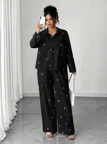SHEIN PETITE CURVE 大码花卉印花长袖上衣和裤子两件套，休闲 - 黑色 - 查看 6