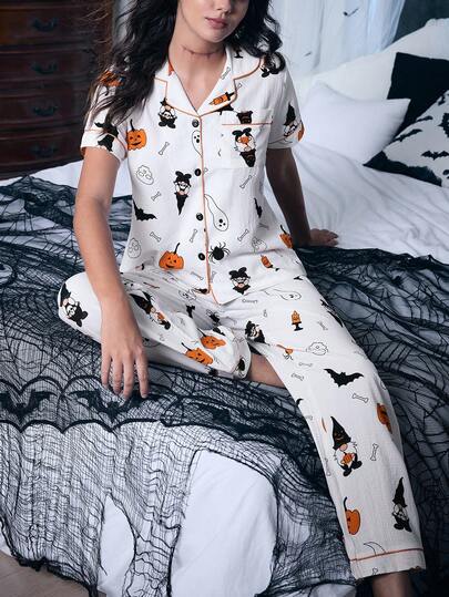 SHEIN Women Halloween Pumpkin & Ghost Print Pocket Short Sleeve Pajama Set,White Summer Casual Lounge Halloween Pajamas For Women
