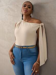 SHEIN Tall CURVE Áo dây buộc vai bất đối xứng cổ áo cỡ lớn, áo nữ thanh lịch mặc hàng ngày, hẹn hò, hộp đêm, tiệc tùng, câu lạc bộ, Halloween - Màu be - Xem 5