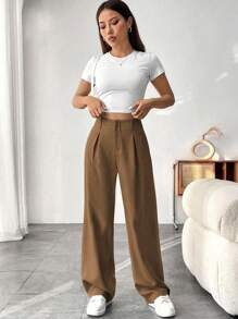EMERY ROSE 女式纯色褶皱直筒宽松休闲工作裤 - 摩卡棕 - 查看 3