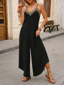 Brillora 度假幾何刺繡吊帶背心連身褲 - 黑色 - 查看 5