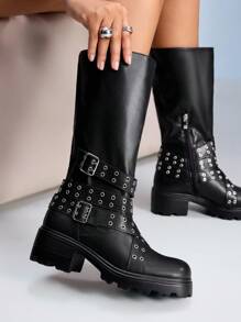 CUCCOO GRLICON Botas por encima de la rodilla para mujer, estilo Y2K, look motero, de vuelta al colegio, Halloween, atuendo para fiesta de Navidad - Negro - Ver 3