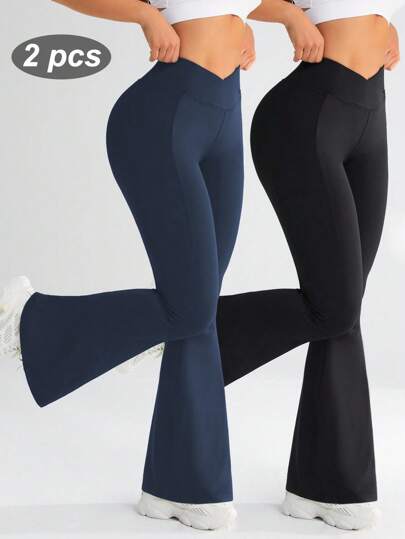 Easithlete 女式纯色高弹力交叉腰喇叭腿运动裤