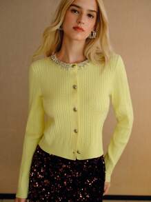 MOTF PREMIUM RHINESTONE BUTTON UP CARDIGAN - Yellow - View 4