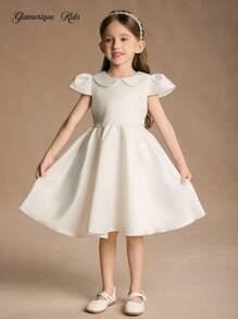 Glamorique Kids Christmas Young Girls Dress,White,Summer,Flower Girl,Satin Puff Princess Ball Dress,Bowknot Wedding Guest,Elegant Birthday Party,Piano Performance - White - View 3