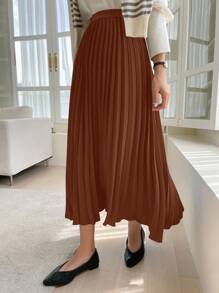 DAZY Chân váy xếp ly màu trơn thanh lịch dành cho nữ, phù hợp để đi làm. - màu nâu - Xem 4