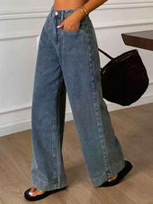 Livesso Jeans vaqueros anchos casuales y sueltos con diseño de bolsillos para mujer - Gris - Ver 4