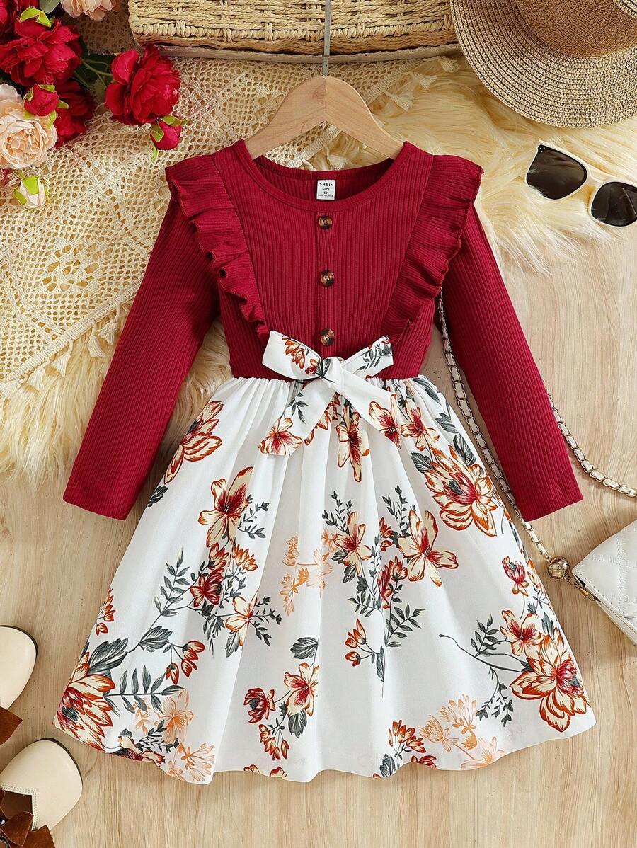 SHEIN Young Girl New Arrival Printed Long Sleeve A-Line Dress With Cinched Waist