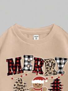 SHEIN Leap Crew 圣诞豹纹、苏格兰格子、姜饼人、圣诞树、圣诞快乐图案少女 2 件套服装套装、休闲长袖连帽衫和裤子，适合秋冬季 - 米色 - 查看 3