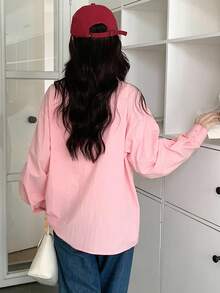 Dazy Kids 少女宽松休闲蝴蝶结刺绣衬衫，秋季 - 粉色 - 查看 7