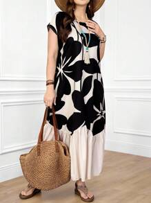 EMERY ROSE Große Größen Boho-Stil ärmellose einfarbige Blumen Muster Patchwork Saum langes Kleid, Frühling/Sommer - Verschiedenfarbig - Übersicht 6