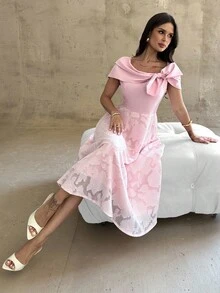 Firerie 女士优雅露肩蝴蝶结金属网眼 A 字中长连衣裙，适合派对、约会、日常、度假、婚礼宾客，粉色 - 粉色 - 查看 6
