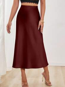 Glamine 女士纯色美人鱼款长裙，缎面材质，优雅A字裙摆，适合女士参加派对和日常穿着 - 紫紅色 - 查看 5