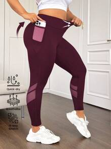 Easithlete High Waist Mesh Patchwork Tummy Control Lifting Leggings With Side Pockets Tummy Control Leggings Workout Leggings Yoga Leggings Leggings With Pockets Yoga Pants Gym Leggings - Burgundy - View 2